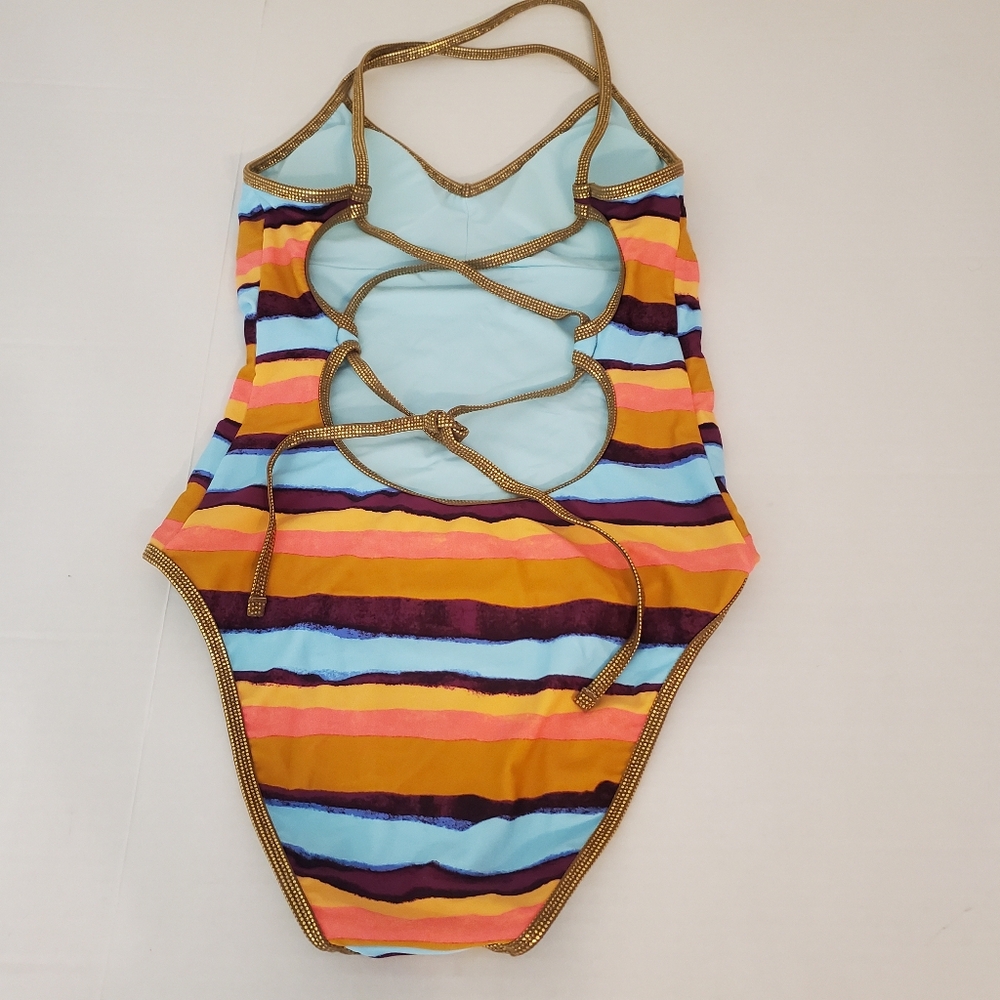 Aerie One Piece Swimsuit Orange Striped Strappy Back Full Coverage Size Small View 3